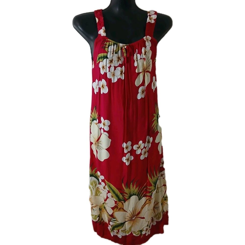 Vtg Okinawa Hayashiya Pink‎ Floral Hawaiian Sundress Midi Dress Tie Waist S-M